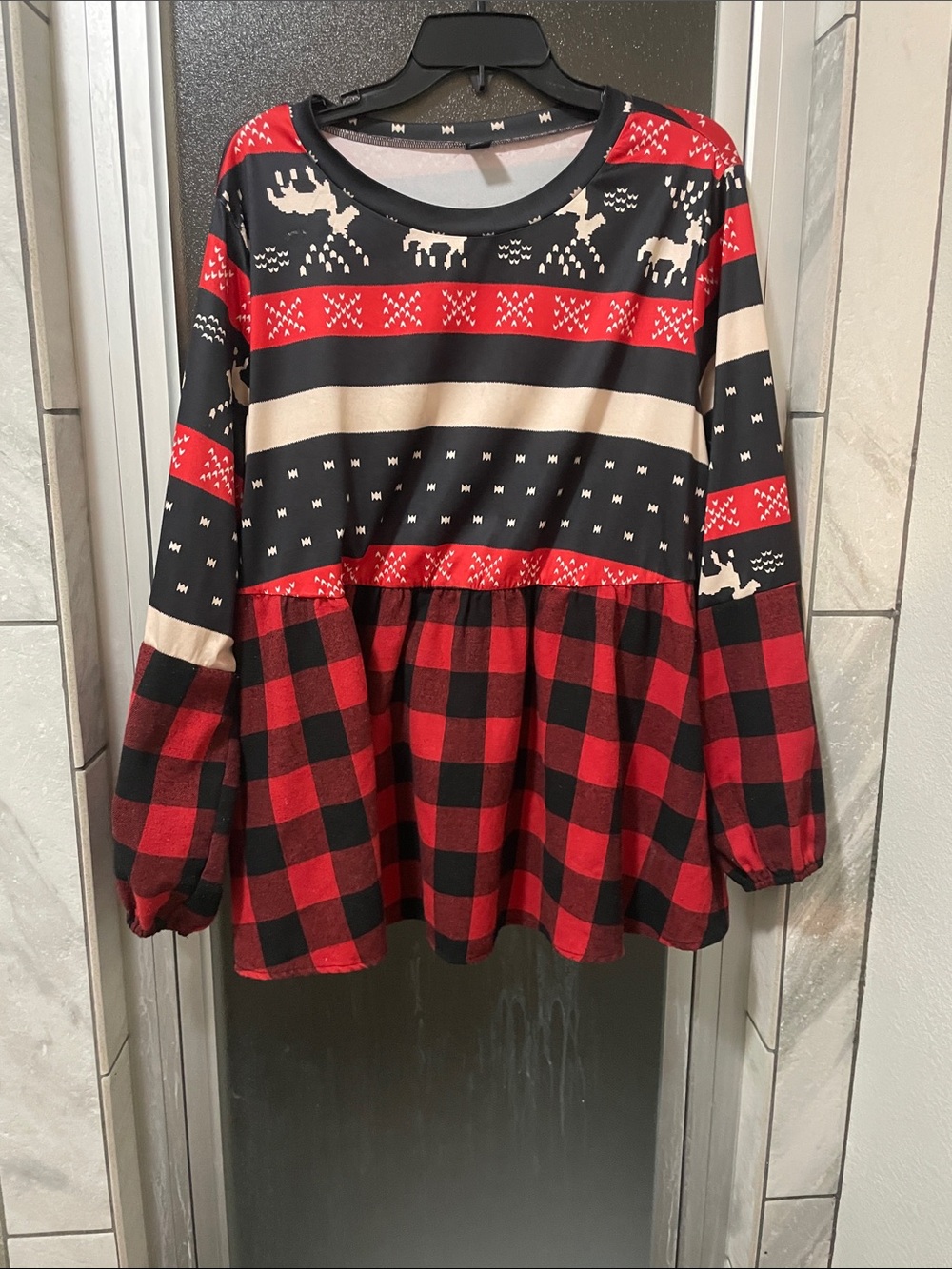 Womens Red & Black Buffalo Plaid Holiday Peplum Top
